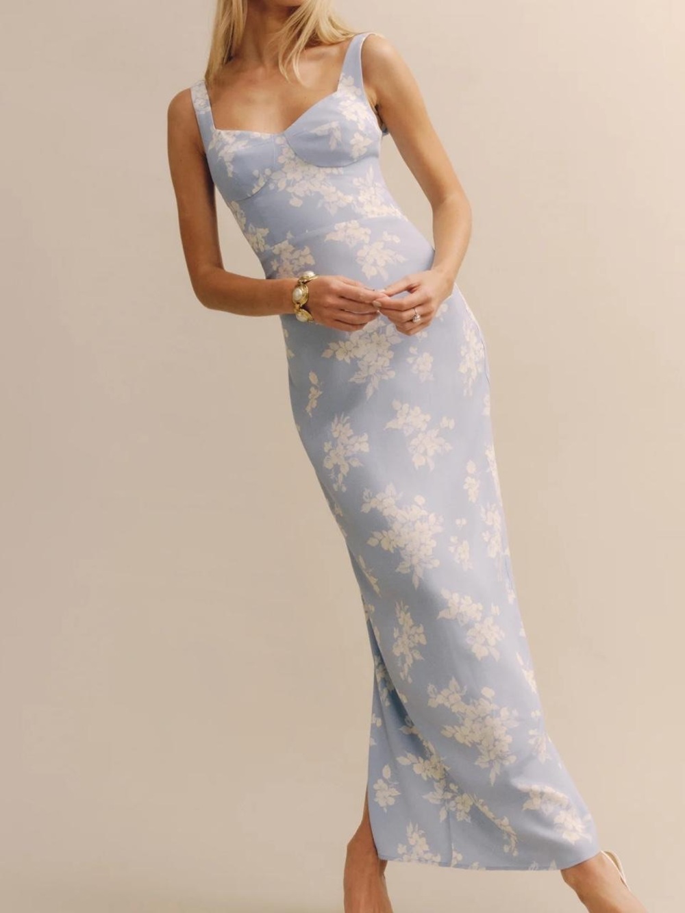 Reformation Reverie Dress Pale Blue Floral Blooms Maxi - Picture 1 of 16